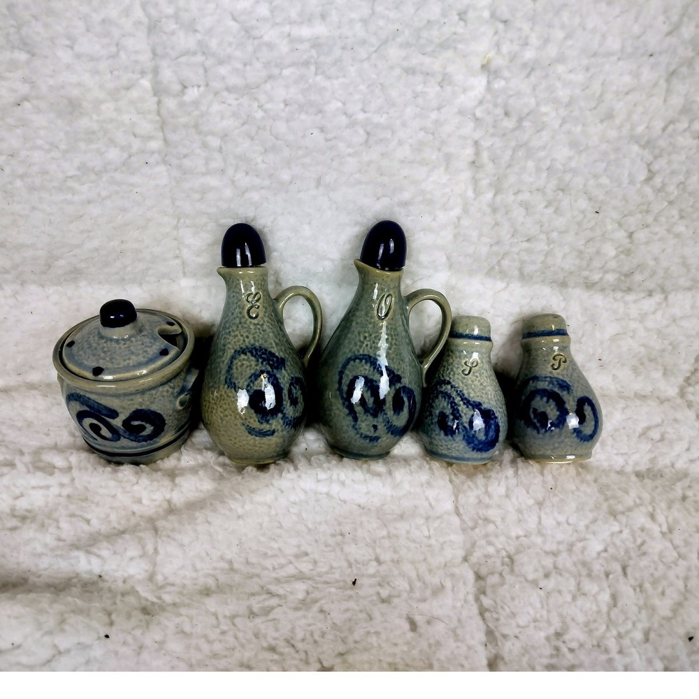 Vintage Marzi And Remy Salt Glaze Stoneware Blue Grey 5 pc Set Cruet Shaker Jar